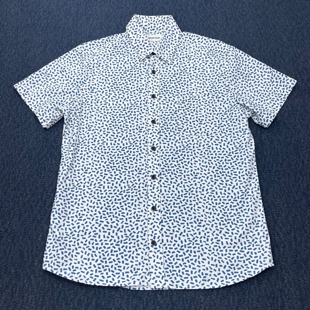 Taylor Stitch Mens 38 Short Sleeve Organic Cotton Blue Dash Print Button Down